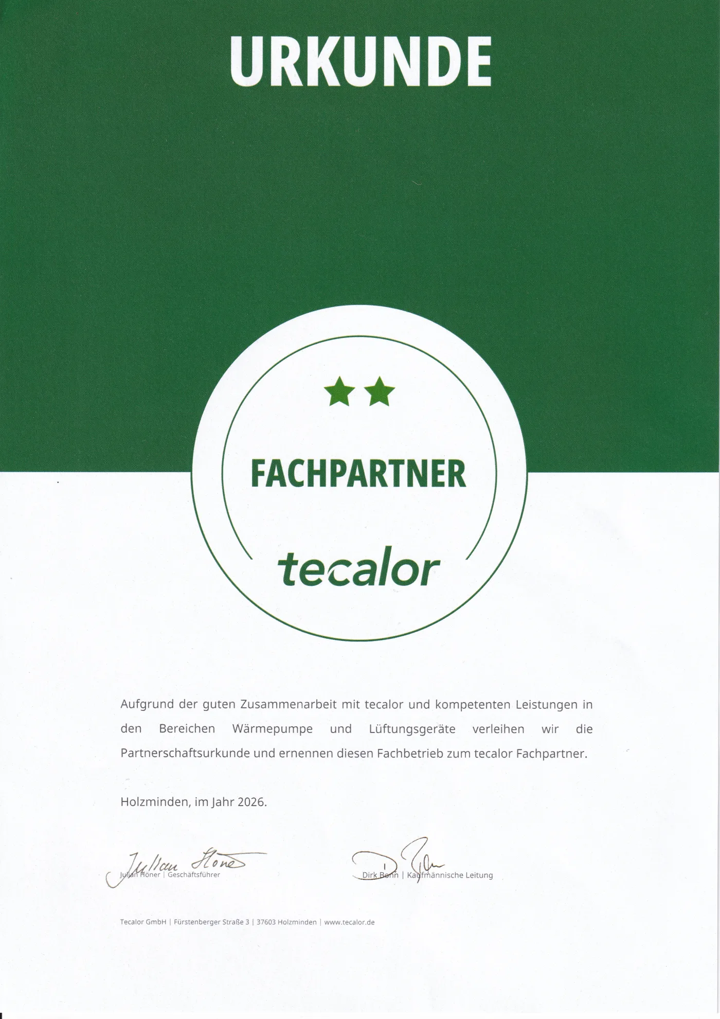 Urkunde: Zertifizierter Tecalor Fachpartner
